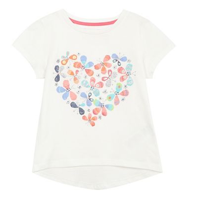Girls' white glitter butterfly print t-shirt